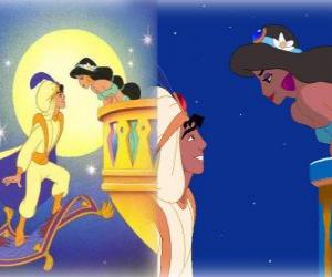 Aladdin on flying carpet talking with Jasmine under the light of the full moon puzzle