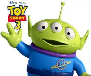 An alien with three eyes, one of the Squeeze Toy Aliens puzzle