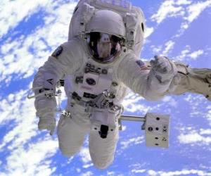 Astronaut during a space mission using a backpack propulsion puzzle