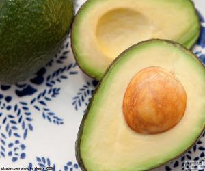 Avocado, whole fruit and fruit in middle section with seed puzzle