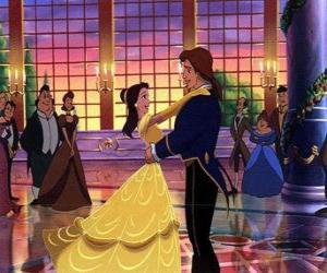 Belle and the Beast, already turned into Prince, in love dancing in the hall of the castle puzzle