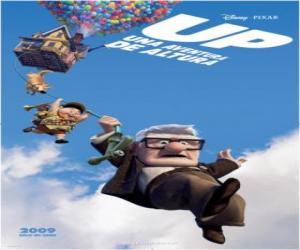 Carl and Russell flying through the sky  taken hold to the cable that hangs of  the flying house  puzzle