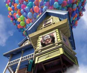 Carl Fredricksen waving from the window of his flying house puzzle