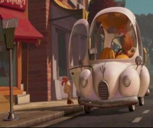 Chicken Little lowering the car driven by his brown Buck Cluck puzzle