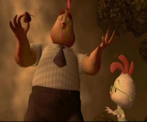 Chicken Little's father, Buck Cluck, showing the acorn that fell from heaven puzzle