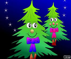 Christmas tree decorated with beads, ribbons, a big star and with gifts underneath puzzle