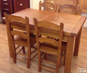 Dining table with four chairs, all in wood puzzle