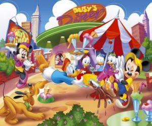 Donald encounters Pluto ice cream shakes and throws up all under the watchful gaze Mickey, Minnie, Daisy and her three children puzzle