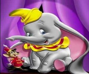 Dumbo and his friend, Timothy the mouse, in the spectacle of the circus with their working uniforms puzzle