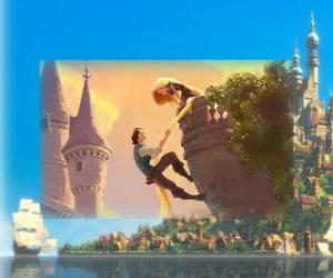 Flynn climbing to the top of the tower using Rapunzel's long hair like a rope puzzle
