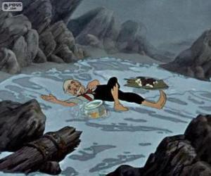 Gepetto with Figaro and Cleo on the sea shore after the shipwreck puzzle