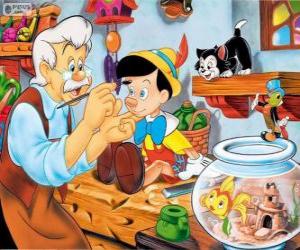 Geppetto, the old carpenter, painting his new wooden puppet, Pinocchio, under the watchful of the cat Figaro puzzle