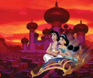 Jasmine and Aladdin, the couple over the city on the magic carpet puzzle
