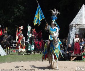 Knight in armor and with his spear ready mounted on his horse puzzle