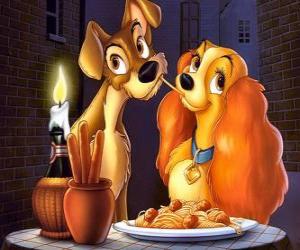 Lady and Tramp completely in love sharing a plate of pasta under the light of the candles in Lady and the Tramp puzzle