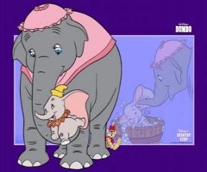 Little Dumbo with his big ears sitting in the trunk of his mother puzzle