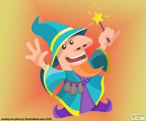 Magician, sorcerer or wizard with the wand and the hat-shaped cone puzzle