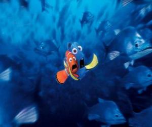 Marlin and Dory very frightened by a flock of fish puzzle