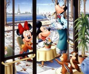 Mickey and Minnie on a terrace in Paris and where the waiter is Goofy puzzle