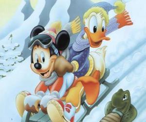Mickey Mouse and Donald sled down puzzle