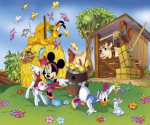 Minnie and Daisy in the field taking care of animals observed by Pluto puzzle