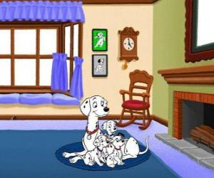 Perdita quietly next to their dalmatian puppies puzzle
