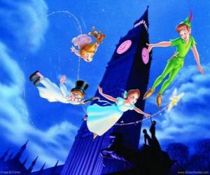 Peter Pan, Wendy, John and Michael flying through the sky over London puzzle