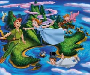 Peter Pan, Wendy, John and Michael flying through the sky over Neverland puzzle