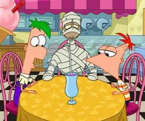 Phineas and Ferb sharing a drink with a mummy puzzle