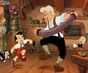 Pinocchio and Geppetto dancing and happy to celebrate that Pinocchio is a real boy puzzle