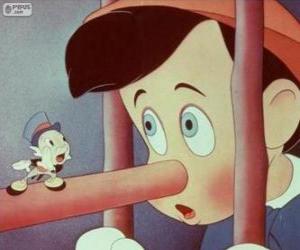Pinocchio with a long nose because of his many lies alongside his friend and adviser Jiminy Cricket puzzle
