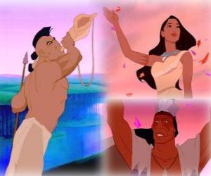 Pocahondas with her father Powhatan and her fiance Kocúm puzzle