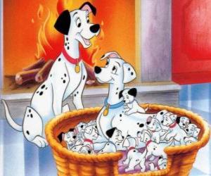 Pongo and Perdita next to their dalmatian puppies puzzle