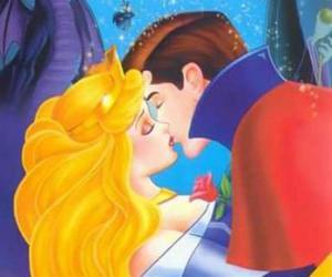 Princess Aurora, in a deep sleep due to the curse of Maleficent, the evil fairy, recieves the kiss of true love of Prince Philip puzzle