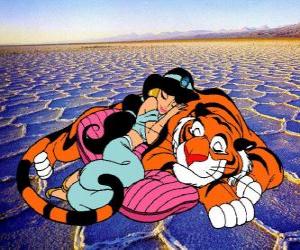 Princess Jasmine sleeps hugging her pet, the tiger Rajah puzzle
