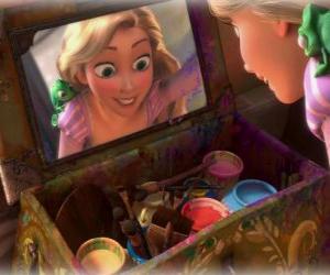 Princess Rapunzel delighted with the discovery of a chest with paintings with his friend Pascal puzzle