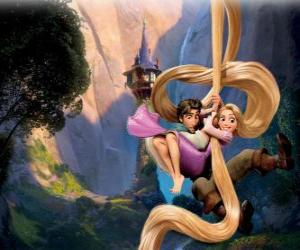 Rapunzel and Flynn and her long hair hanging puzzle