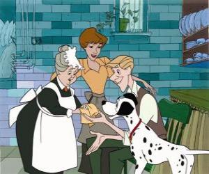 Roger, Anita and Nanny teach Pongo one of the pups puzzle