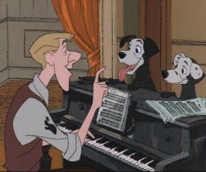 Roger, composed a new song to celebrate the return home of Pongo and Perdy, next to 99 Dalmatian puppies puzzle