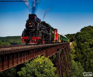 Steam train passing over a bridge puzzle