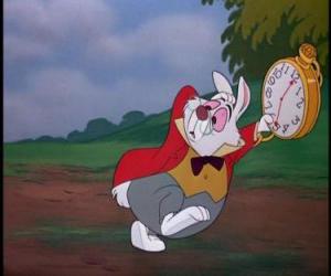 Suddenly Alice sees a white rabbit jacket and watch puzzle
