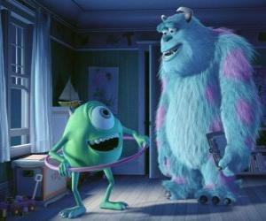 Sulley and his friend Mike in the human world, mouth open with toys. puzzle