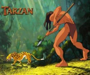 Tarzan fighting with his spear against a leopard puzzle