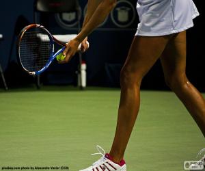 Tennis player preparing to hit a serve puzzle