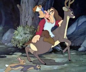 The animals after seeing the witch get run to seek the dwarfs puzzle
