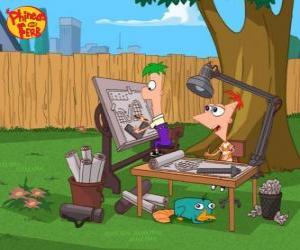 The brothers Phineas and Ferb designing one of their wonderful inventions with your pet under the table Perry puzzle