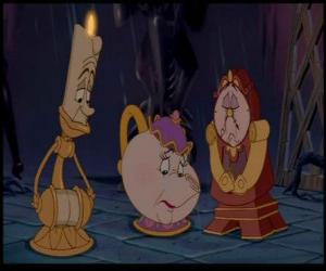 The candlestick Lumiere, Mrs. Potts the teapot and the clock Din Don sad seeing the fatal outcome puzzle