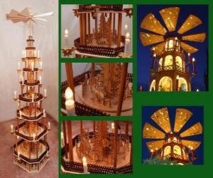 The Christmas Pyramid is a tradition in Germany and the Czech Republic. A small wooden carousel with propeller that rotates due to the heat of the candles, decorated with Christmas themes puzzle