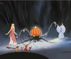 The fairy godmother with her magic wand turns a pumpkin into a carriage to carry Cinderella to the prince's grand ball puzzle