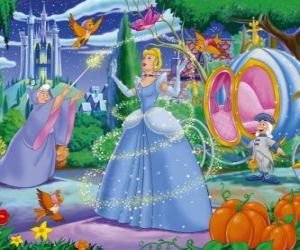 The fairy godmother with her magic wand Cinderella dresses for the big dance of the prince puzzle